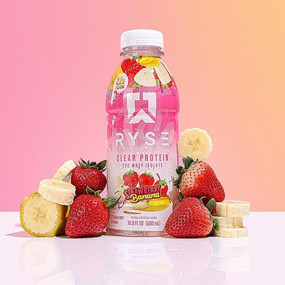 RYSE Clear Protein Drink - Strawberry Banana - 100 Calories, 22g Whey Isolate Protein Shake, Sugar-Free, 0g Fat & Lactose-Free - Refreshing Ready-to-Drink Beverage - 16.9 fl oz Bottles (12-Pack)