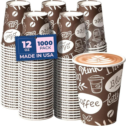 Fit Meal Prep 12 oz Coffee Cups 1000 Count, Leak-Proof Hot Cup, Disposable Paper Coffee Cup Bulk for Hot/Cold Beverage, Durable Thickened Paper Cups for Party, Office, Bussines, Home, Bistros
