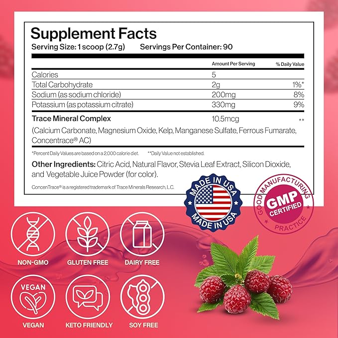 Dr. Price’s Electrolytes Powder Bulk | Raspberry 90 Servings | Sugar Free Hydration Powder with 72+ Trace Minerals | Keto, Vegan, Electrolyte Drink Mix | Doctor-Formulated, Made in USA
