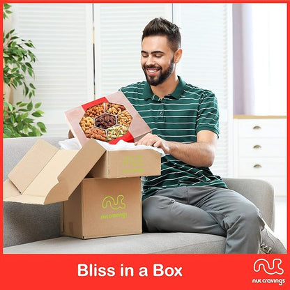 NUT CRAVINGS - Thanksgiving Mixed Nuts Gift Basket in Red Gold Box (7 Assortments, 2 LB) Holiday Xmas Christmas Food Arrangement, Healthy Snack Care Package, Food Assortments