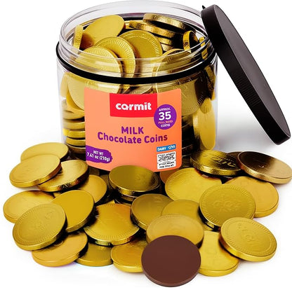Carmit Gold Chocolate Coins Tub, Milk Chocolate, 7.4 oz (About 35 Large Coins) | Individually Wrapped Hanukkah Gelt | Holiday Candy, Party Favors | Gluten Free | Chalav Yisroel