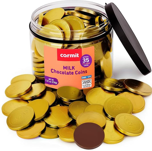 Carmit Gold Chocolate Coins Tub, Milk Chocolate, 7.4 oz (About 35 Large Coins) | Individually Wrapped Hanukkah Gelt | Holiday Candy, Party Favors | Gluten Free | Chalav Yisroel