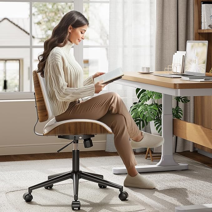 Armless Office Chair, Mid Century Modern Desk Chair with Walnut Wood Back & SGS Level 3 Gas Lift, Swivel PU Leather Computer Chair for Small Space, Home Office, Bedroom, 300lbs Cap, Beige
