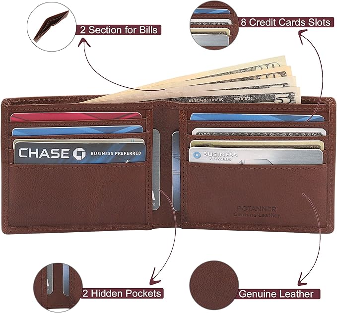 Mens Leather Bifold Wallet RFID Blocking, 8 Credit Card Slots, 2 Sections for Notes & 2 Additional Slots | Choco