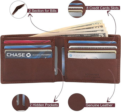 Mens Leather Bifold Wallet RFID Blocking, 8 Credit Card Slots, 2 Sections for Notes & 2 Additional Slots | Choco
