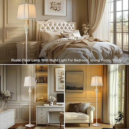 Rustic Floor Lamp 65'' Tall with Nightlight Cut Corner Linen Fabric Shade Vintage Standing Lamp for Living Room, Bedroom, Office, House (Bulb Included)