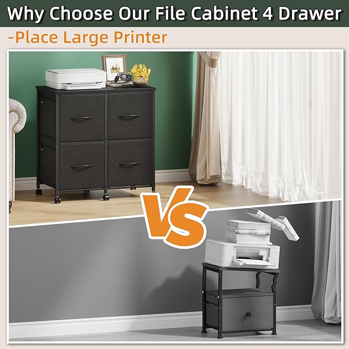 Lateral File Cabinet 4 Fabric Drawer, Mobile Filing Cabinet for Large Printer, Home Office Functional Small Office Storage Cabinet & Printer Stand, Fits Letter Size, Black