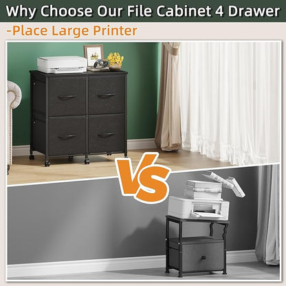 Lateral File Cabinet 4 Fabric Drawer, Mobile Filing Cabinet for Large Printer, Home Office Functional Small Office Storage Cabinet & Printer Stand, Fits Letter Size, Black