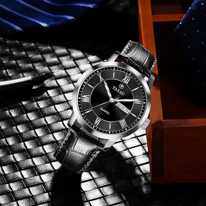 Men's Watch Big Face Easy Read Arabic Numeral Dress Watches for Men Classic Black Brown Leather Band Analog Mens Wrist Watch with Day and Date Fashion Business Waterproof Luminous Quartz Watch