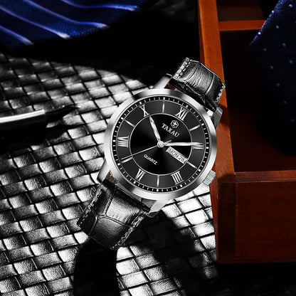 Men's Watch Big Face Easy Read Arabic Numeral Dress Watches for Men Classic Black Brown Leather Band Analog Mens Wrist Watch with Day and Date Fashion Business Waterproof Luminous Quartz Watch