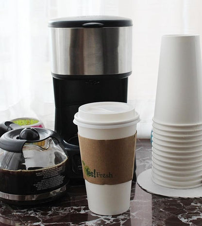Yes!Fresh Disposable Paper Hot Coffee Cups with Lids for Office Parties Home Travel Corrugated Sleeve Hot Drink Cups (White 16 oz 100 count)