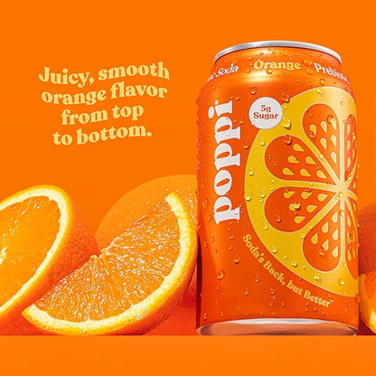 Poppi Sparkling Prebiotic Soda Beverage with Apple Cider Vinegar, Seltzer Water and Fruit Juice, Orange Flavor, 12 oz, Pack of 12, Packaging May Vary