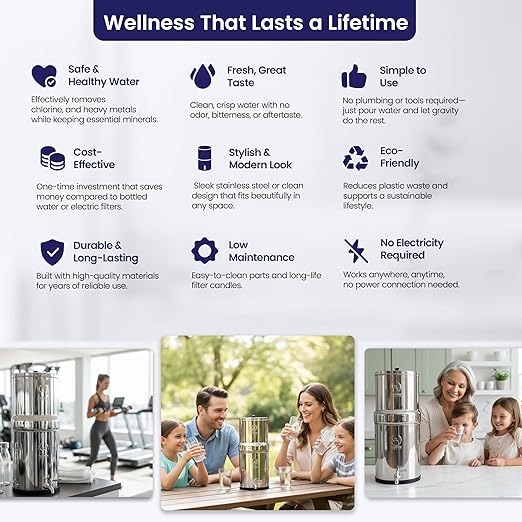 Gravity Water Filter System – 1.5 G NSF Certified Rust Free 304 Stainless Steel Countertop Water Filter | 2 Smart Carbon Filters | Steel Spigot | Manual Install | No Electricity or Plumbing | Portable