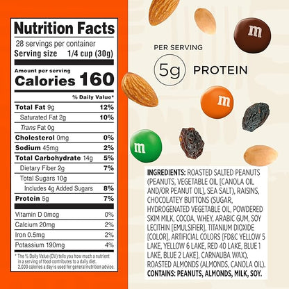 Snak Club Energizer Trail Mix with Roasted Salted Peanuts, Raisins, M&M’S Chocolate Candies, Roasted Almonds, Gluten-Free and Kosher Snack, 24 oz Resealable Bag