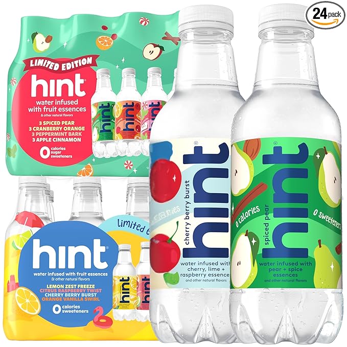 Hint Fruit-Infused Bottled Water, Seasonal Variety Pack Bundle - Sugar Free Flavored Water with Zero Calories, Naturally Flavored, and No Artificial Sweeteners - 16 Fl Oz (Pack of 24)