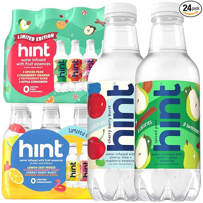 Hint Fruit-Infused Bottled Water, Seasonal Variety Pack Bundle - Sugar Free Flavored Water with Zero Calories, Naturally Flavored, and No Artificial Sweeteners - 16 Fl Oz (Pack of 24)