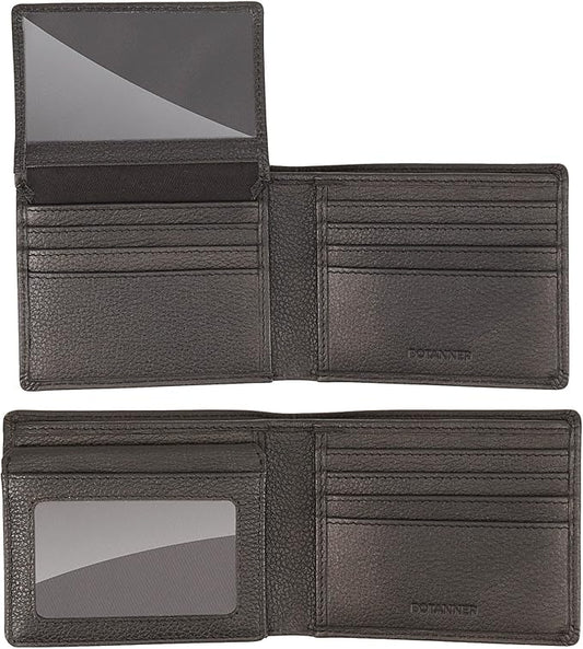 Genuine Leather Men's Flip ID Wallet RFID Blocking with 8 Credit Card Slots 2 ID Windows 3 Hidden Pockets 2 Sections for Notes | Pebble Black