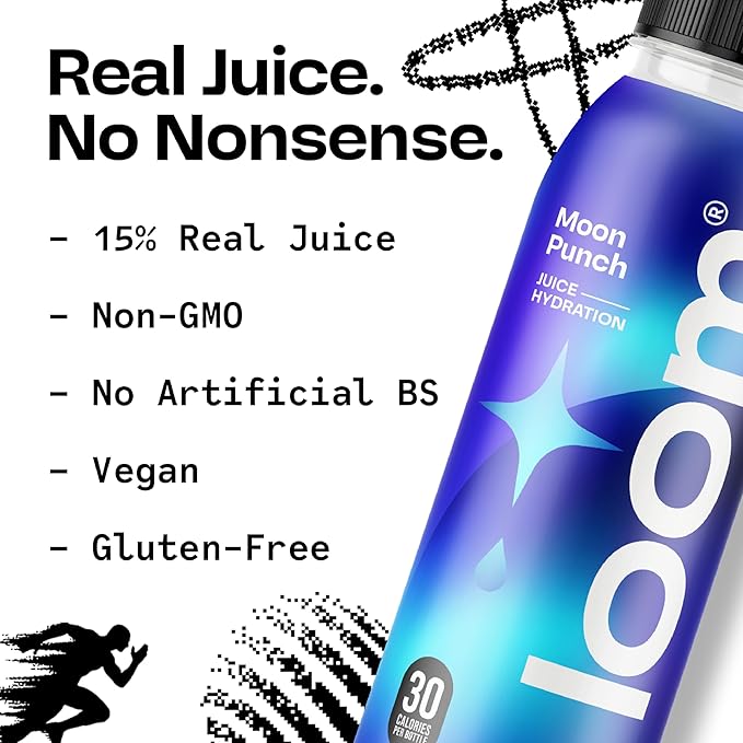 Moon Punch Juice Drinks by Loom, Low Sugar Juice, Real Fruit, No Added Sugar, 30 Calories, Vegan, Gluten Free, 12 oz bottles, 12 pack