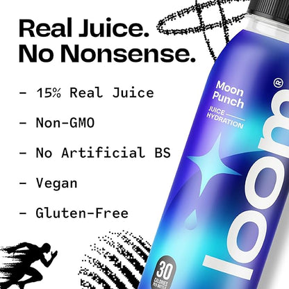 Moon Punch Juice Drinks by Loom, Low Sugar Juice, Real Fruit, No Added Sugar, 30 Calories, Vegan, Gluten Free, 12 oz bottles, 12 pack