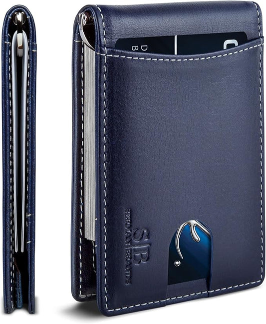 SERMAN BRANDS RFID Blocking Slim Bifold Genuine Leather Minimalist Front Pocket Wallets for Men with Money Clip Thin Gift