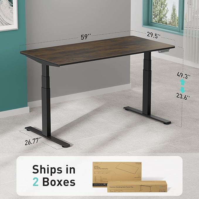 Pro 3 Stages Dual Motor 59 x 30 in Electric Standing Desk with One Piece Desktop, Adjustable Height, Sit to Stand Up Desk for Home Office, Work Study, Black Frame & Brown Desktop (2 Packages)