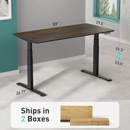 Pro 3 Stages Dual Motor 59 x 30 in Electric Standing Desk with One Piece Desktop, Adjustable Height, Sit to Stand Up Desk for Home Office, Work Study, Black Frame & Brown Desktop (2 Packages)
