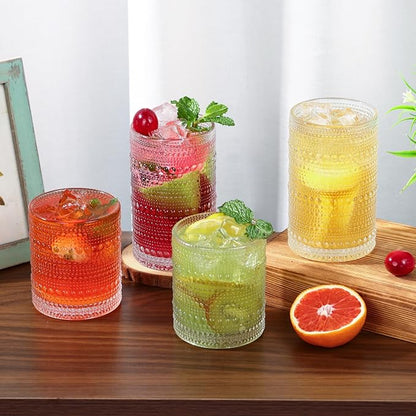 Moretoes Hobnail Drinking Glasses Set of 6, 12 Oz Highball Glasses & 10 Oz Cocktail Glasses, Clear Embossed Boho Glass Cups Kitchen Bar Tumbler Glassware Set for Whiskey, Beer, Juice, Milk (Clear)