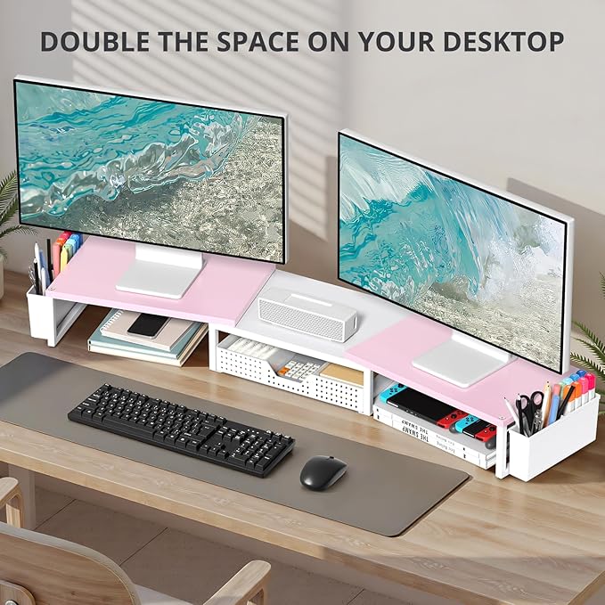 OPNICE Desk Dual Monitor Stand Riser - Desk Organizer with Drawer and Pen Holders, Office Desk Accessories & Workspace Organization, Computer Monitor Stand for Laptop, Printer(Pink＆ White)