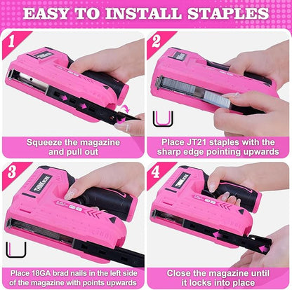 THINKWORK Pink Electric Staple Gun - 2 in 1 Nail Gun Battery Powered with 1000Pcs Staples and Nails, 4V Cordless Upholstery Staple Gun for Wood, Brad Nailer with USB Charger for Carpentry, Crafts, DIY