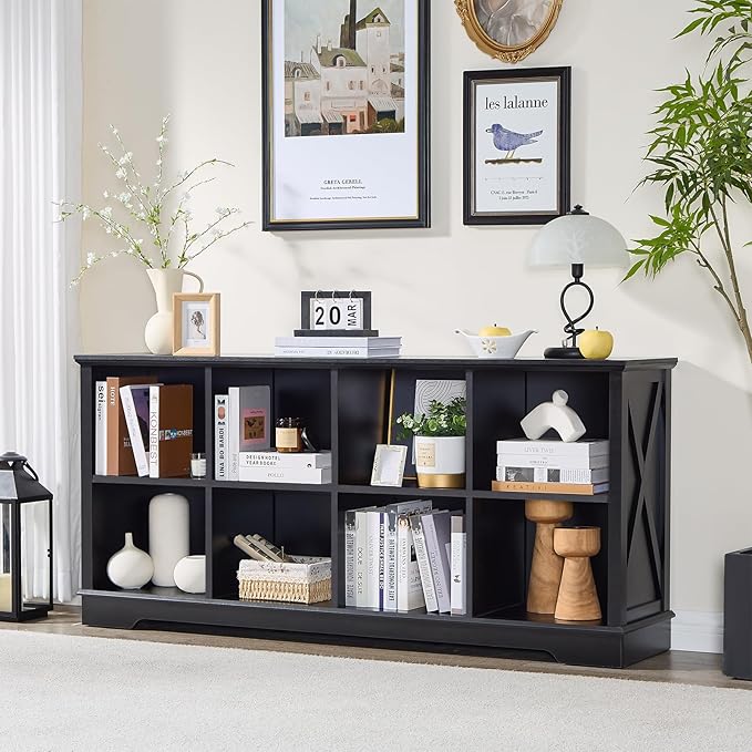 Book Shelf, 8 Cube Storage Organizer, 2-Tier Open Shelf Wooden Bookcase, Freestanding Wood Cube Storage Bookshelf for Bedroom, Living Room, Home Office (Black)