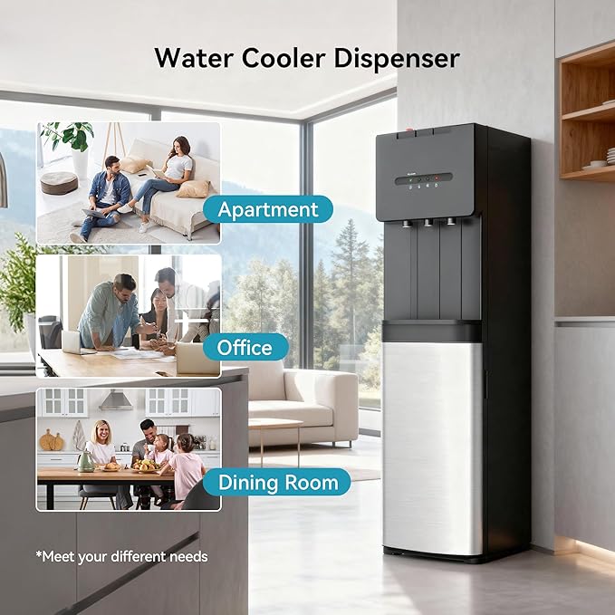 EUHOMY Self Cleaning Bottom Loading Water Cooler Dispenser, 3 Temperatures (Cold, Warm, Hot), Child Safety Lock, LED Indicator Light, Water Dispenser for Home, Apartment, Office, Black