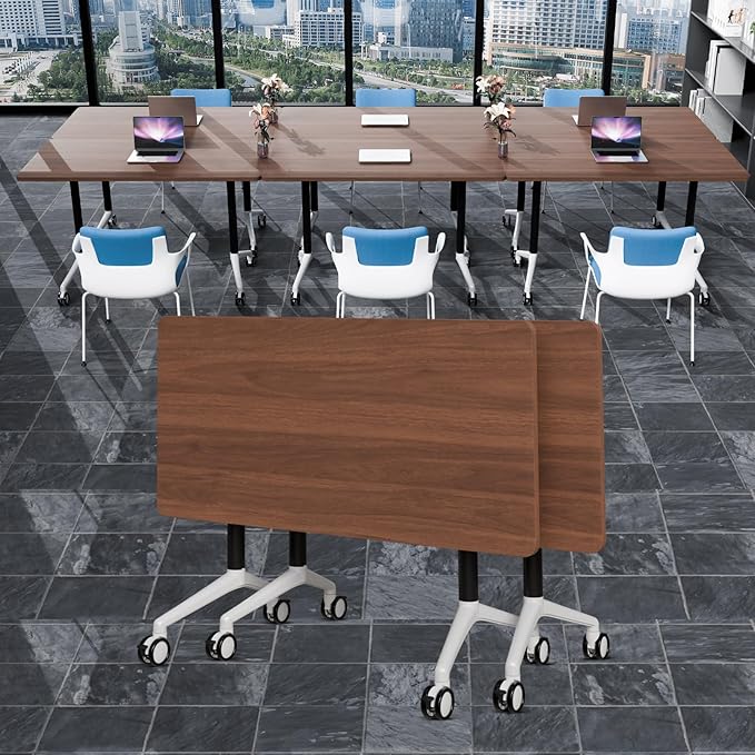 Conference Table Folding Conference Room Tables, Modern Mobile Meeting Training Table with Silent Wheels, Foldable Seminar Table for Offices, Classrooms, Libraries (2, walnut2, 55.1in)