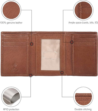 Real Leather Mens Trifold Wallet RFID Blocking Slim Minimalist Front Pocket - Thin & Stylish with ID Window in Gift Box