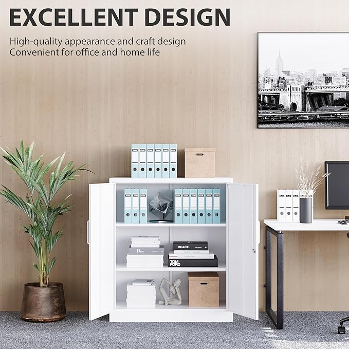 White Metal Storage Cabinet with Doors and Shelves,36 inch Small Metal Cabinet with Lock,Short Garage Storage Cabinets,Locking Steel Cupboard for Home,Office,Kitchen,Garages