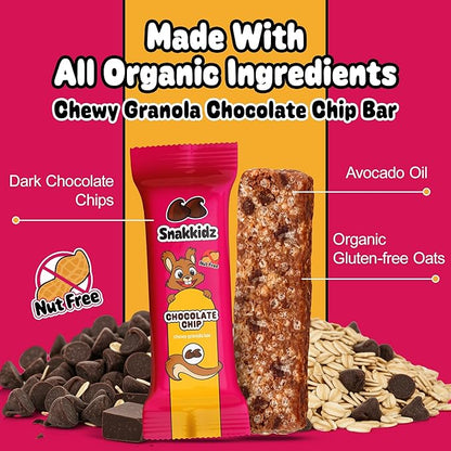 Snakkidz Organic Chewy Granola Bar, Allergen Free, Made with Avocado Oil, Low Sugar (15 Bars, Chocolate Chip)