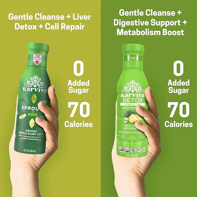 Karviva Organic Juice Cleanse for Liver Detox & Hormone Health - Ancient Remedies with Broccoli Sprouts, Aloe Vera, Kale, Kiwi, Ginger - Low-Sugar, Prebiotic, Fiber, Antioxidants (6 BPA-Free, Toxin-Free Bottles, 12 oz Each)