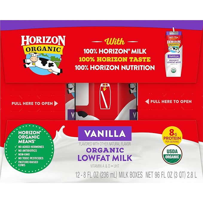 Horizon Organic Shelf Stable 1% Lowfat Vanilla Milk Boxes, 8 fl oz, 12 Count - 8g Protein per Serving, USDA Organic UHT from Pasture-Raised Cows, Ready to Drink for Lunchbox, Travel, or On-the-Go, No Refrigeration Needed