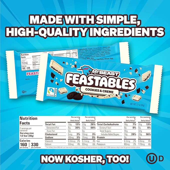 Feastables MrBeast Milk & Cookies Pack, King Size Milk Chocolate & Cookies & Creme Bars, 10 Each, Candy Bars for Adults & Kids as Snacks, Gifts, or Dessert, Fairtrade Cocoa, 2.1 Oz Each, 20 Count