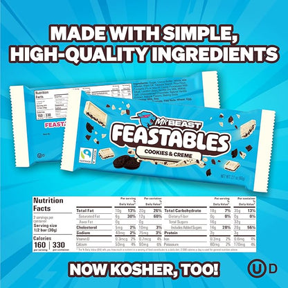 Feastables MrBeast Cookies & Creme Chocolate Bar, New Flavor, King Size Candy Bar for Adults & Kids, Candy Bars for Snacks, Gifts, or Dessert, Sweet & Creamy Fairtrade Cocoa, 2.1 Oz Each, 10 Count