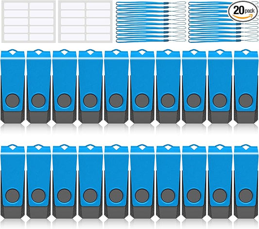 4GB USB Flash Drive 20 Pack AGECASH Thumb Drives Bulk USB 2.0 Flash Zip Drives Unique Blue Swivel Jump Drive Multipack with Label Lanyard Memory Stick Pendrive 4GB for Data Storage