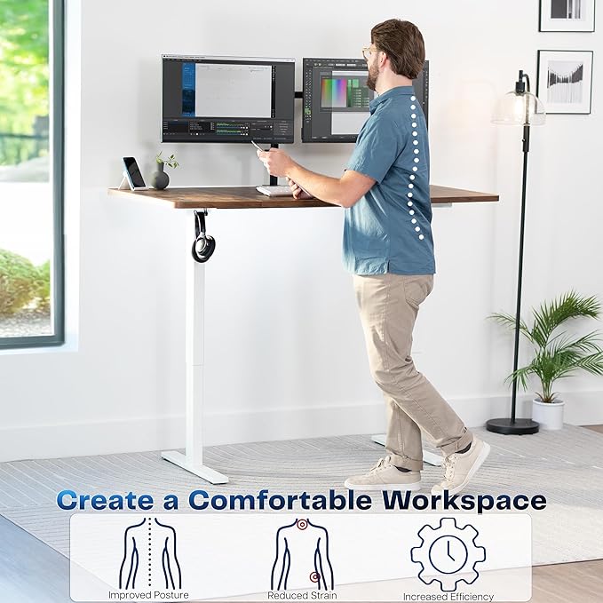 VIVO Electric 60 x 30 in Rustic Standing Desk, Memory Height Adjustment, 1B Series, Vintage Brown Top White Frame, DESK-KIT-1W6N-30