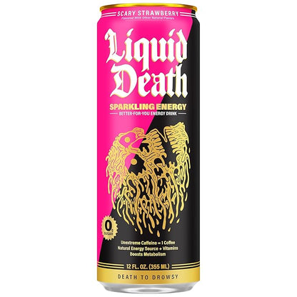 Liquid Death Scary Strawberry, Strawberry and Lemon-Flavored Sparkling Energy, Sugar-Free Energy Drink, 100mg Caffeine, 12 Fl Oz (Pack of 12)