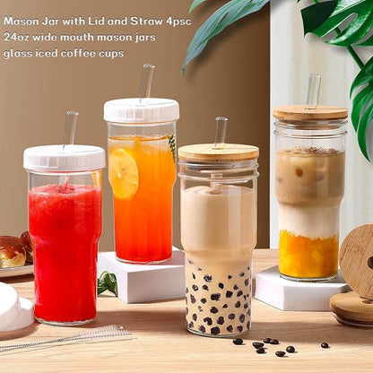 DWTS DANWEITESI Mason Jar with Lid and Straw,24 oz Iced Coffee Cup with Bamboo Lid and Straw,Boba Cups Smoothie Tumbler-Wide Mouth Reusable Glass Cups with Lid and Straws【4 Pack】