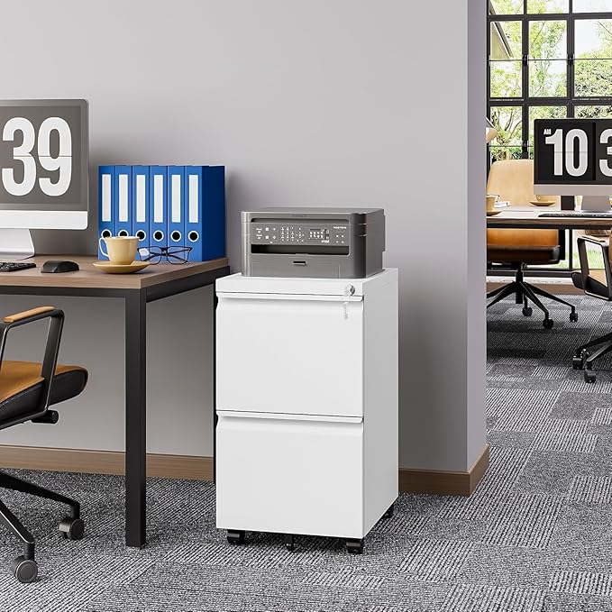 2 Drawer File Cabinet with Lock，Locking Filing Cabinet Under Desk,Rolling File Cabinets for Home Office/Legal/Letter Size,Fully Assembled,White