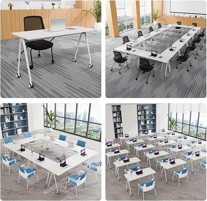 Folding Conference Table, Rectangular Conference Room Tables, Mobile Modular Training Table, Solid Steel Frame,Thickened Panel,for Offices,Meeting Room,Offices andSchools (8, White, 55in)