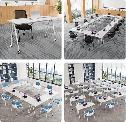 Folding Conference Table, Rectangular Conference Room Tables, Mobile Modular Training Table, Solid Steel Frame,Thickened Panel,for Offices,Meeting Room,Offices andSchools (8, White, 55in)