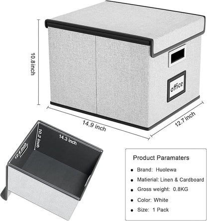 Huolewa Decorative File Storage Organizer Box with Lid, Portable Collapsible Linen Hanging Filing & Storage Boxes for Office/Decor/Home (White) - 14.9 x 12.7 x 10.8 inch - 1Pack