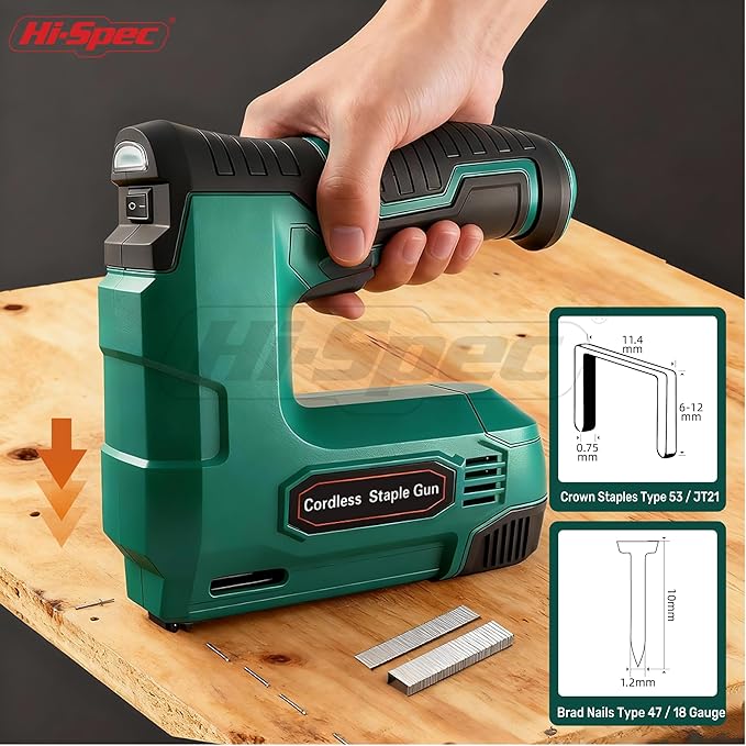 Hi-Spec 4V Cordless USB Staple Gun. Rechargeable Electric Compact Stapler & Brad Nailer Gun. Includes 2500pc Flat Crown Staples and Brad Nails Set for DIY, Crafts, Furniture and Carpentry