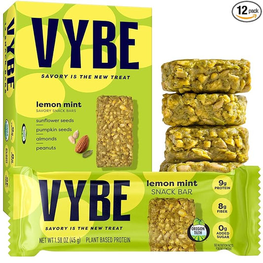 Vybe Snacks Savory Snack Bars – Lemon Mint Flavor | Crunchy & Delicious | Zero-Added Sugar, Gluten-Free, Plant-Based Goodness, Keto-Friendly, No Artificial Ingredients (Box of 12, 45g each)