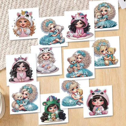 jinglinhh 12pcs Diamond Art Painting Little Girl Bear Greeting Cards with Envelopes, DIY Card Making Kits for Adults, Diamond Art Postcards Christmas Cards Craft Gifts